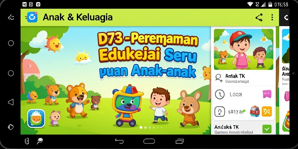 Antarmuka aplikasi D73 yang menarik dan penuh warna untuk anak-anak.